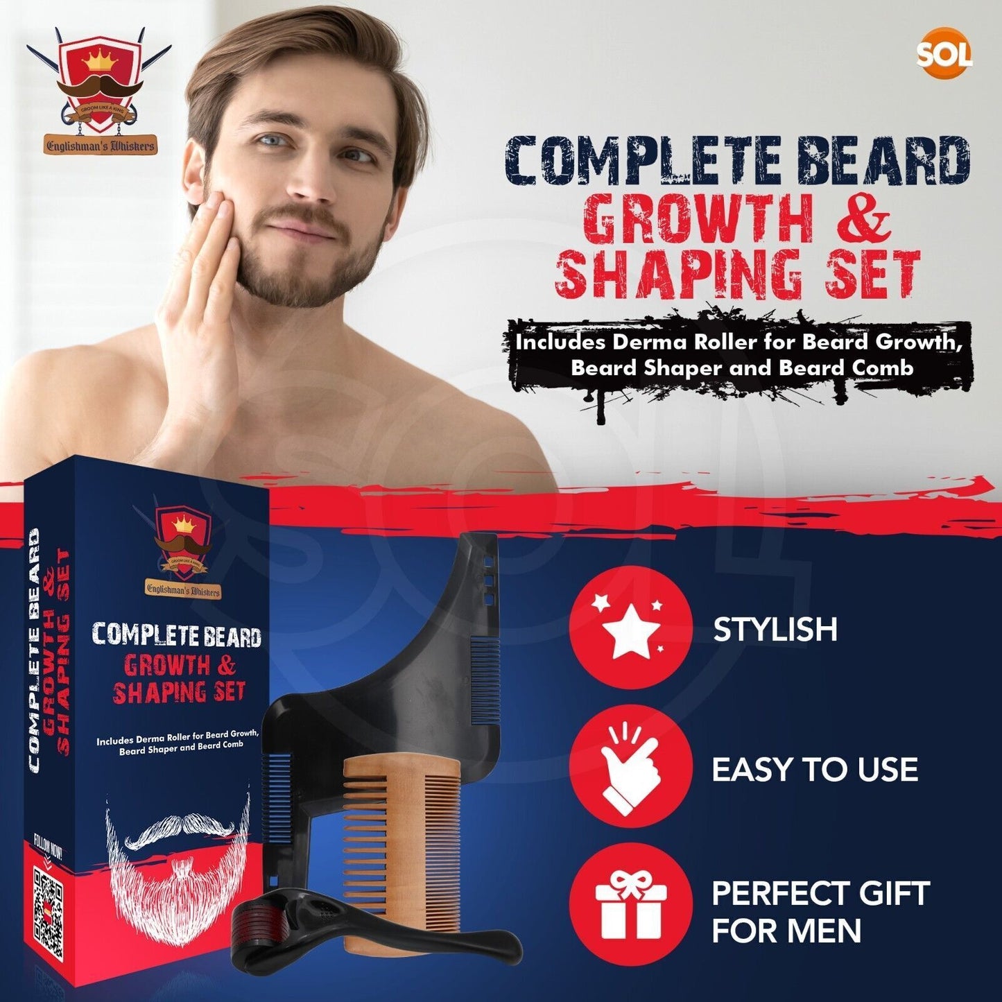 Beard Growth Kit for Men | Derma Roller Shaping Shaper Tool Grooming Wood Comb