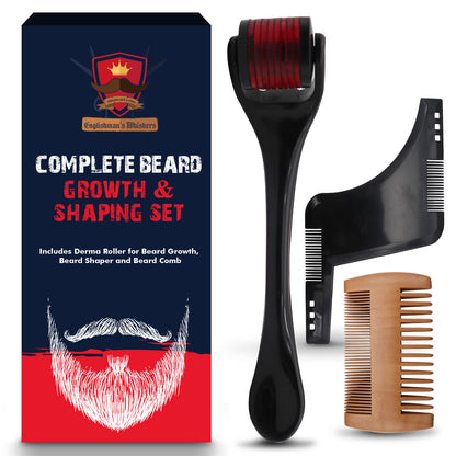 Beard Growth Kit for Men | Derma Roller Shaping Shaper Tool Grooming Wood Comb