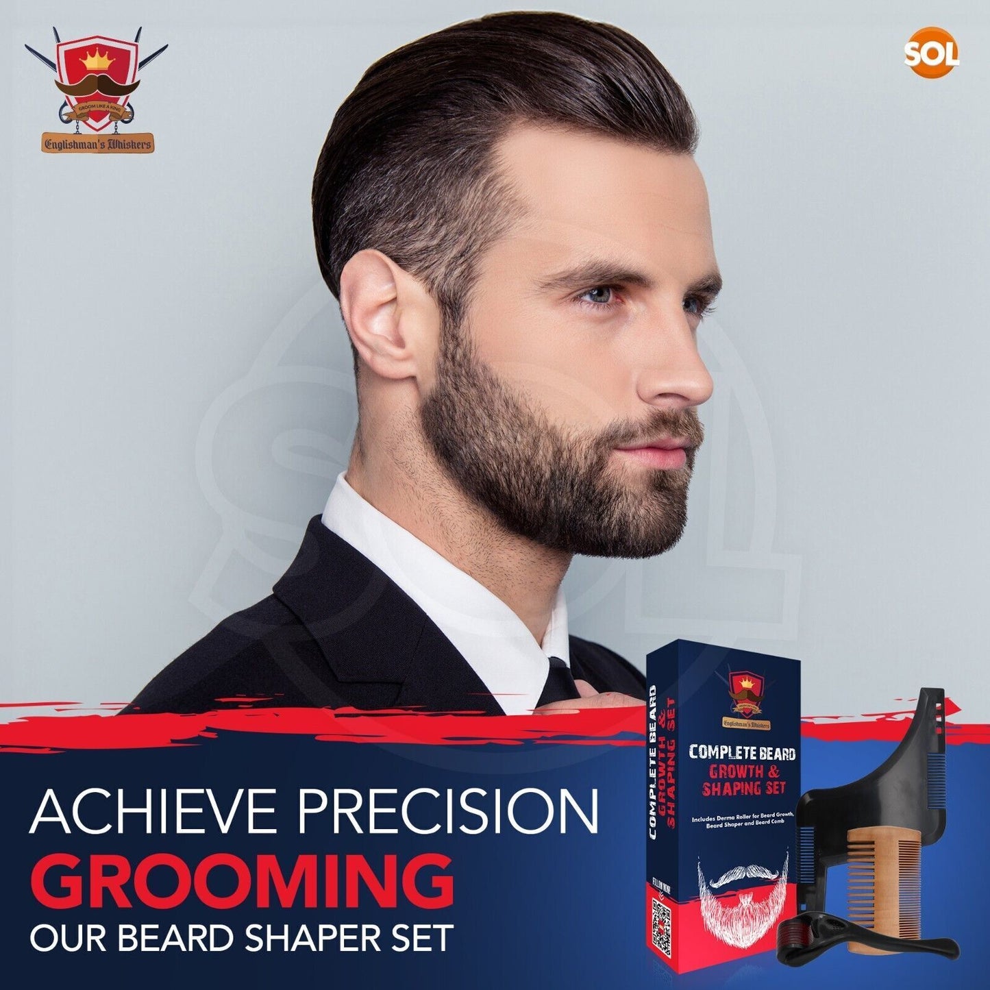 Beard Growth Kit for Men | Derma Roller Shaping Shaper Tool Grooming Wood Comb